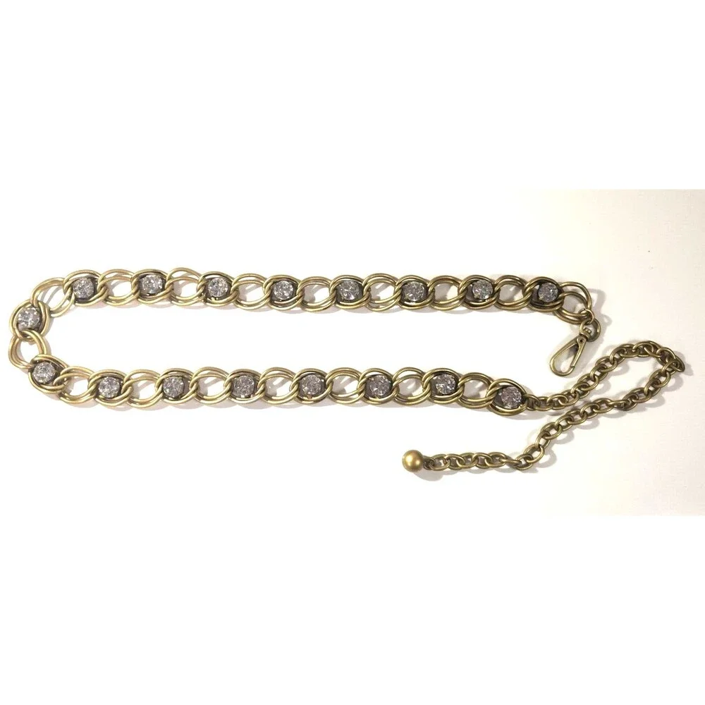 Chain Link Belt Matte Gold-tone w/ Rhinestones Lobster Closure 30-41